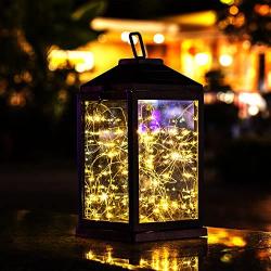 Solar Lantern Lights Metal Sunwind with 30 Warm White LEDs Fairy String Lights Outdoor Decorative Table Lamp (Black-11.4''H)