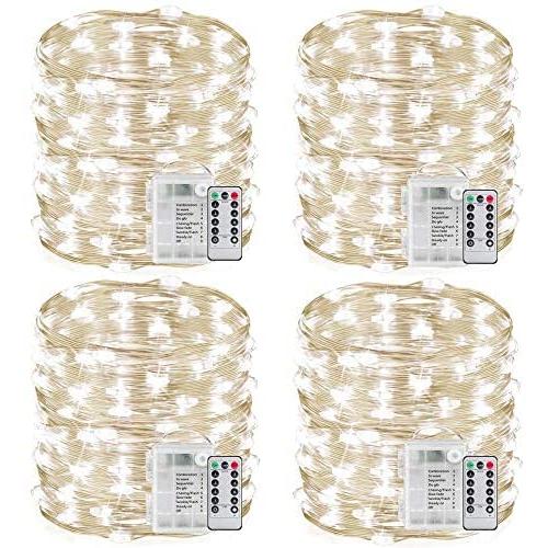YITING 4 Pack 33Ft 100 LED Fairy Lights Battery Operated with Remote Control Timer 8 Modes Waterproof Copper Wire Twinkle String Lights, for Bedroom Wedding Chirstmas Decor (Cool White)