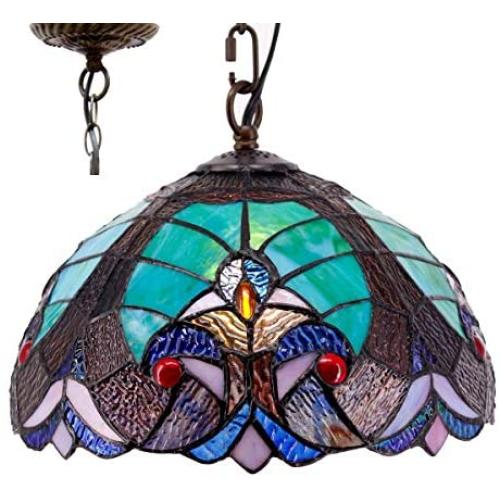 Tiffany Hanging Light W12H32 Inch Green Stained Glass Pendant lamp 1E26 Liaison Style S160G WERFACTORY Series Lamps Chandelier Ceiling Fixture Kitchen Island Bar Hallway Living Room Dining Room Loft
