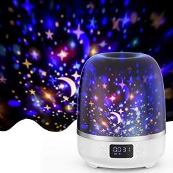 Star Projector Night Light Bluetooth Speaker 360 Degree Rotation Multicolor Changing Music Nursery Light Bedside Table Lamp with 6 Optional Films for Kids, Adults, Alarm Clock/TF Card/AUX Support