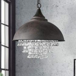 Industrial Ceiling Light, Creative Iron Shaded with Glittering Crystal Chandelier Vintage Metal Pendant Lamp for Dining Room Kitchen USA Stock