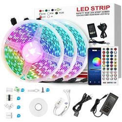 50ft LED Strip Lights Music Sync Color Changing 5050 RGB Led Light , Bluetooth App IR Remote Built-in Mic Tape Lights with Extra DIY and Installation Accessories for Bedroom Party Home Decoration