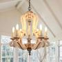 Distressed White Wooden Chandelier Traditional French Country Empire Pendant Light 5-Lights Candle Wood Chandelier, Adjustable Chain