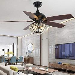 Black Ceiling Fan with Light Kit Crystal Chandeliers Fan Light 52'' Metal Indoor Mute Quiet 5 Reversible Blades Remote Control Ceiling Fan Light 52-Inch Living Room Bedroom Crystal Fan Light