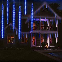 LED Outdoor Lights, LED Meteor Shower Rain Lights Blue 8 Tubes 192 LEDs Waterproof Snow Falling Raindrop Icicle Garden Light for Christmas Tree Halloween Decoration Holiday Party Wedding