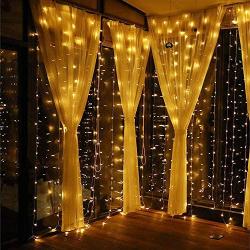 Curtain Lights, 8 Modes Fairy Lights String with Remote Controller, IP64 Waterproof, USB Plug in Twinkle Lights for Weddings, Parties, Backdrop, Wall Decorations, 300 Led（9.8x9.8Ft, Warm White）