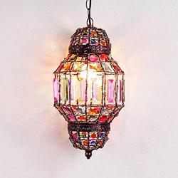 LITFAD Lantern Bedroom Hanging Lamp Metal Single Light Vintage Pendant Lighting with Colorful Crystal Art Deco Pendant Lamp for Dining Room Restaurant Coffee Shop Bar