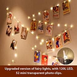 HXWEIYE 120LEDs Photo Clips String Light, Warm White, 40Ft Fairy Light with 52 Clear Clips & 10 Hooks on Wall, Timer & 8 Modes USB Powered Copper Wire String Light for Hanging Picture, Bedroom Party