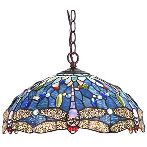 Capulina Tiffany Dining Table Lights, 15.9 Inch Wide Hanging Tiffany Style Lamp, 2-Light Stained Glass Lighting Fixtures, Beautiful Dragonfly Style Stained Glass Dining Room Lights for Kitchen Room