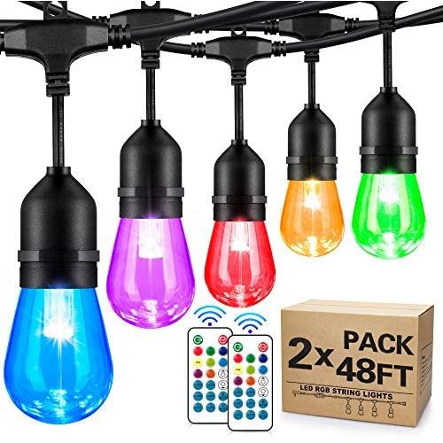 2-Pack 48FT Outdoor RGB String Lights, Cafe Color LED String Light with 30+5 E26 Shatterproof Edison Bulb Dimmable, Colorful Commercial Light String for Patio Backyard Christmas Party, 2 Remote, 96FT