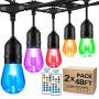 2-Pack 48FT Outdoor RGB String Lights, Cafe Color LED String Light with 30+5 E26 Shatterproof Edison Bulb Dimmable, Colorful Commercial Light String for Patio Backyard Christmas Party, 2 Remote, 96FT