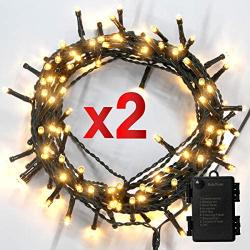 [IP65 Waterproof] Christmas String Lights Outdoor, 50 LED Fairy Lights Battery Operated 16.4Ft Green Cable with 8 Modes, Timer and Memory for Xmas Tree, Halloween, Party, Wedding, Garden - 2 Pack