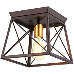 Pauwer Industrial Flush Mount Ceiling Light Square Metal Cage Chandelier Oil Rubbed Bronze Vintage Rustic One Light Flush Mount Ceiling Light Fixture