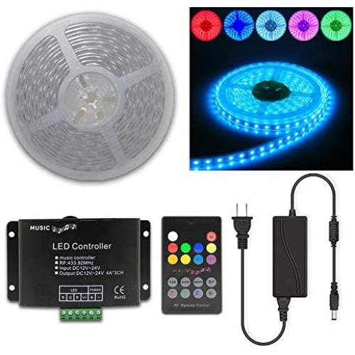 10FT 20FT 50FT 100FT 120FT 150FT 160FT 180FT 200FT 12V 60LEDs/M IP65 Waterproof RGB SMD 5050 LED Strip Light Flexible w/ Music Sensed Controller & Power Supply (200)