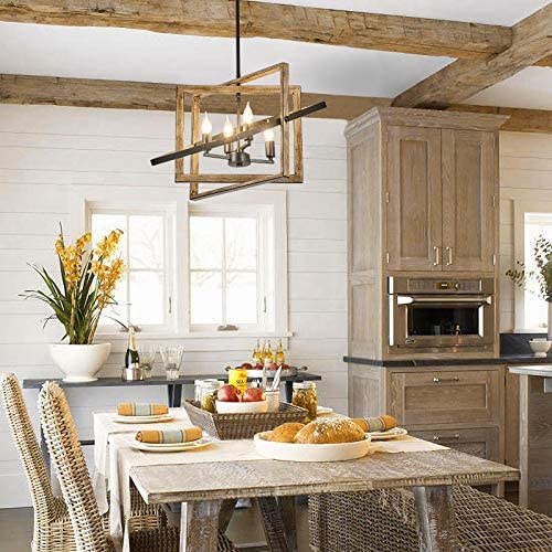 Dining Room Lighting Fixtures Hanging, 4 Lights with Imitation Wood Grain and Matte Black Finish, Farmhouse Chandelier for Kitchen Island, Entryway and Living Room