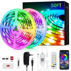 50ft Led Strip Lights, Livingpai Color Changing LED Light Strips with Music Sync, Remote, Built-in Mic, Bluetooth App Control, RGB LED Lights for Bedroom, Party, Kitchen, TV, Home