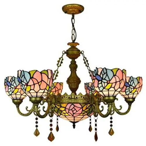 Errzom Tiffany Style Large Chandelier Light, 6 Arms Stained Glass Shade Ceiling Pendant Light Fixture Antique Rustic Chandelier Lamp for Dining Room Living Room,Hummingbird