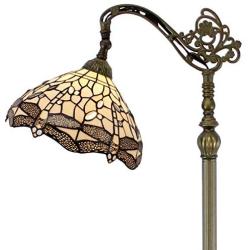 Tiffany Style Reading Floor Lamp Lighting W12H64 Inch Cream Stained Glass Crystal Dragonfly Shade Antique Arched Base S139 WERFACTORY LAMPS Girlfriend Lover Bedroom Living Room Beside Table Desk Gifts