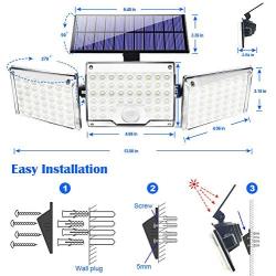 JosMega Upgraded Larger 130 LED Solar Powered Motion Sensor Flood Security Wall Lights Outdoor IP65 Waterproof 3 Head 360° Adjustable Spotlights for Porch Garden Patio Yard Garage Pathway 1 Pack