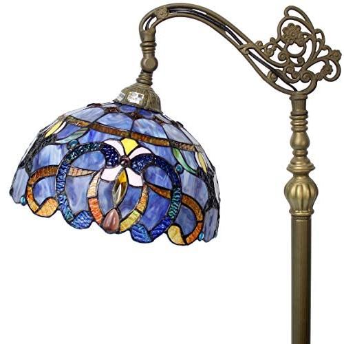 Tiffany Style Floor Lamp Reading Lighting W12H64 Inch Blue Purple Clouldy Stained Glass Crystal Lampshade Antique Adjustable Arched Base S558 WERFACTORY Lamps Bedroom Living Room Beside Table Gift