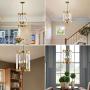 4-Light Modern Gold Chandelier, Hanging Pendant Light Fixture Rectangle Clear Brass Square Pendant Light for Dining Room, Bedroom, Foyer and Entryway