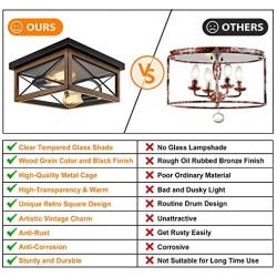 ROTTOGOON Flush Mount Ceiling Light, 2-Light Rustic Ceiling Light Fixture with Clear Tempered Glass Shade for Entryway, Hallway, Foyer, Dining Room, Living Room, Wood Grain Color and Black Finish