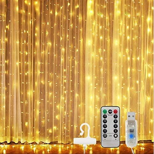 300 Led Window Curtain String Lights with Remote Control, USB Powered 8 Twinkle Modes Hanging Fairy Curtain Lights for Bedroom,Weddings, Party, Christmas Decorations,Warm White