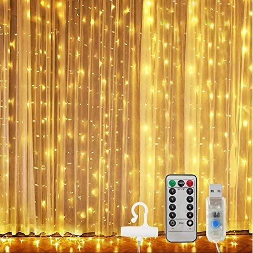 300 Led Window Curtain String Lights with Remote Control, USB Powered 8 Twinkle Modes Hanging Fairy Curtain Lights for Bedroom,Weddings, Party, Christmas Decorations,Warm White