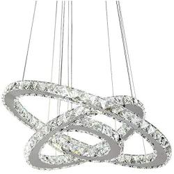 Maxax Crystal Chandelier LED Ceiling Fixtures Pendant Lighting Adjustable Stainless Steel 3 Rings LED Light Fixtures Hangin for Dining Room Living Room,Cool White(6500K)