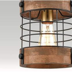 EUL Rustic Kitchen Pendant Hanging Light Wood & Metal Wire Cage Ceiling Lamp Shade Distressed Brown