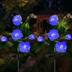 Fuzaws Solar Lights Outdoor Rose Flower, 2 Pack Solar Powered Garden Decorations with 10 Bigger Rose Flower, WaterproofLights for Garden Patio Yard Pathway Decoration Merry Christmas (Blue Rose)