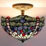 Tiffany Ceiling Fixture Lamp W12H11 Inch Semi Flush Mount Light Stained Blue Dragonfly Shade Antique Style WERFACTORY S004 Series Art Lamps Kitchen Island Bar Hallway Living Room Dining Room Loft