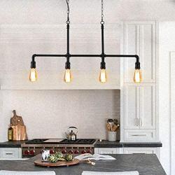 LMSOD Farmhouse Chandelier Light Fixture, 4 Lights Dining Room Kitchen Island Pendant Light in Black Metal Industrial Water Pipe