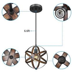 DEWENWILS Industrial Metal Pendant Hanging Light, Wood Grain Metal Spherical Cage Globe Vintage Ceiling Chandelier Foyer Light for Kitchen Island, Bedroom, Dining Hall Corridor Office, ETL Listed