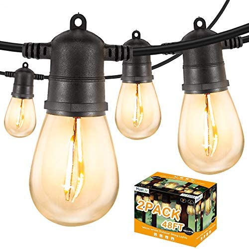 HueLiv 2 Pack 48FT Outdoor String Lights, WarmWhite LED Patio Lights, 34 Bulbs, Commercial-Grade ETL Approved Waterproof Decorative Lights, Bistro Backyard Cafe, Outdoor/Indoor, 1W, 96FT, Christmas