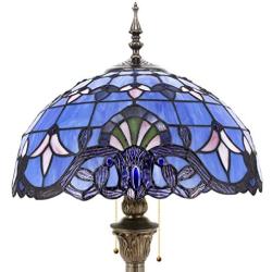 Tiffany Floor Lamp Standing Style W16H64 Inch Tall Blue Lavender Stained Glass Baroque Shade Reading Lighting 2E26 Antique Resin Base S003C WERFACTORY Lamps Bedroom Living Room Bookcase Lover Gifts