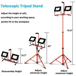 Led Work Light 10000 Lumen 5000K led Work Light with Stand Dual Head Work Light Adjustable Metal telescoping Tripod Stand Work Lights IP65 Waterproof