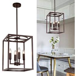 BONLICHT Lantern Pendant Lighting 4 Light Kitchen Hall Foyer Cage Chandelier Industrial Oil Rubbed Bronze Candle Style farmhouse Lighting Fixtures Hanging Flush Mount Ceiling Light Hallway Dining Room