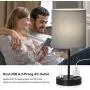 USB Table Lamp, Bedside Table Lamps with 2 USB Charging Ports, Metal Nightstand Lamp with Grey Lampshade, Black Lamps with AC Power Sockets for Bedroom, Living Room, Study Room (Set of 2)