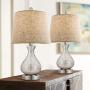 Oneach Table Lamps Set of 2 for Living Room 20'' Modern Glass lamp Gourd Linen Drum Shade for Bedroom Bedside Night Light Lamp Mercury Silver