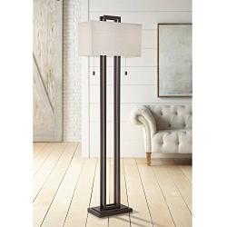 Modern Floor Lamp Double Tier Bronze Oat Meal Linen Rectangular Shade for Living Room Reading Bedroom Office - Possini Euro Design