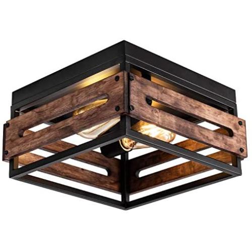 MAYNA Antique Industrial Flush Mount Light Fixture, Metal and Wood Square Flush Mount Ceiling Light for Hallway Living Room Bedroom Kitchen Entryway Farmhouse, 2-Light, Black