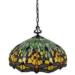 Tiffany Style Hanging Pendant Lamp Ceiling 18'' Wide Stained Glass Shade Green Orange Dragonfly Antique Vintage 2 Light Decor Game Living Dining Room Kitchen Gift AM1027HL18B Amora Lighting