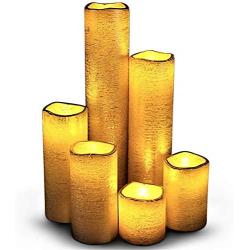 LED Lytes Flameless LED Candles with Timer Slim Set of 6, 2'' Wide and 2''- 9'' Tall, Gold Coated Wax and Flickering Amber Yellow Flame for Home and Wedding Decor