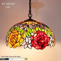 Tiffany Hanging Lamp 16 Inch Pendant Light Red Yellow Stained Glass Rose Shade Chandelier Ceiling Fixture S001 WERFACTORY Decorate Dining Living Room Bedroom Study Office Coffee Bar Hallway Loft