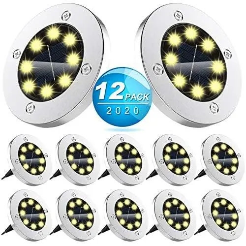 12 Pack Solar Ground Lights Outdoor with 8 LEDs Warm White Auto on/off Garden Waterproof In-Ground Disk Lights for Patio, Yard, Lawn, Pathway, Walkway 12 Pack Solar Ground Lights Outdoor with 8 LEDs Warm White Auto on/off Garden Waterproof In-Ground Disk Lights for Patio, Yard, Lawn, Pathway, Walkway