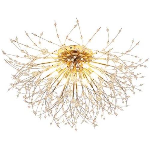 Garwarm Firework Chandeliers, 6-Lights Sputnik Ceiling Lamp Modern Semi Flush Mount Crystal Ceiling Lighting 24 Inch LED Ceiling Light Fixtures for Living Room Dining Room Gold, 4000K