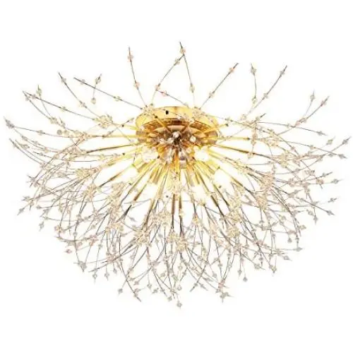 Garwarm Firework Chandeliers, 6-Lights Sputnik Ceiling Lamp Modern Semi Flush Mount Crystal Ceiling Lighting 24 Inch LED Ceiling Light Fixtures for Living Room Dining Room Gold, 4000K