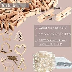 sentonni 2Pack Photo Clip String Lights100 LED 33 Ft Fairy Copper Lights with 60 Wood Clips with Ornaments DIY Battery Operated 8Modes Waterproof Bedroom Decor/IndoorPatio Wedding