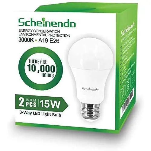 Scheinenda 3-Way A19 LED Light Bulb, 40/60/100 Watt Replacement, 500-1200-1600LM High Power/Lumens and 3000K Warm White LED Lighting,E26 Base LED Bulb for Bathroom & Kichen 2 Packs